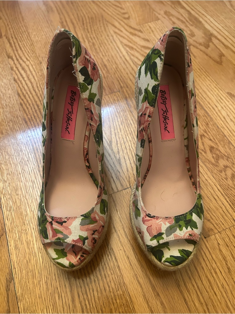 Betsey Johnson Pink Floral Peep-Toe Wedge Heels